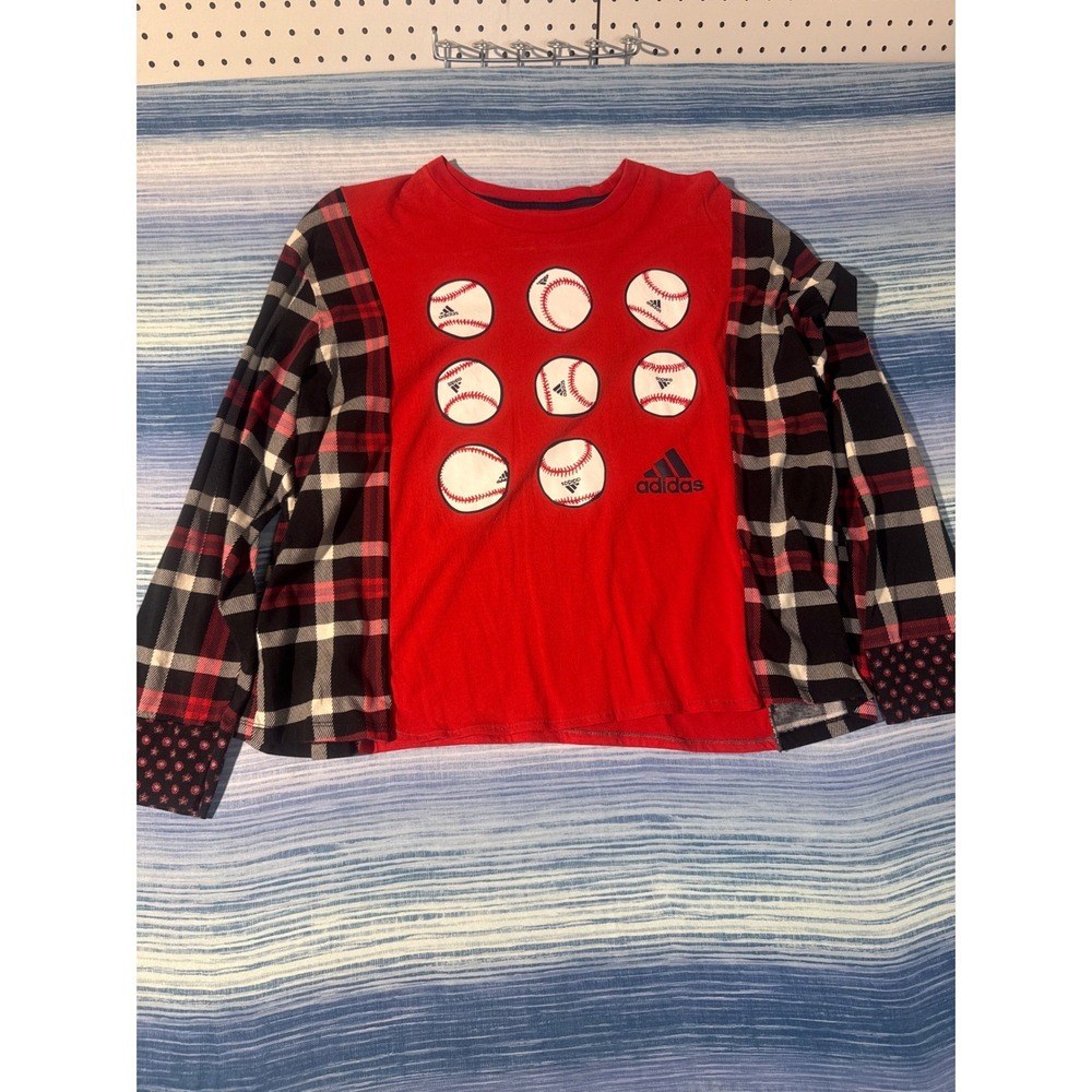 Upcycled Adidas Flannel Hybrid Tee Red Black Plaid Boxy‎ Womens L-XL Campfire